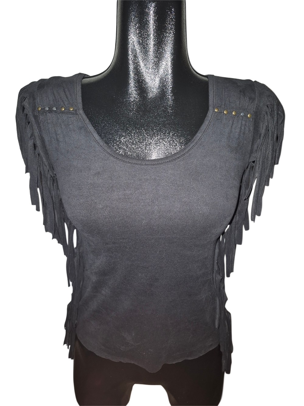 Black Fringe-Trim Sleeveless Scoop Neck Boho Hippie Women’s Top